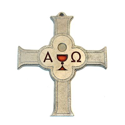 Kreuz aus Zinn "Alpha und Omega", rote Glaseinlage