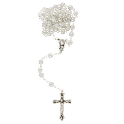 Glass rosary, white with silver-colored stripe