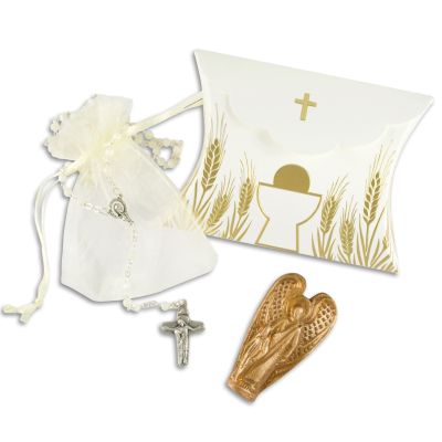 Communion gift set, mother-of-pearl rosary, with angel hand flatterer