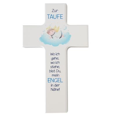 Kinderkreuz weiß zur Taufe mit Engelchen in hellblau 20 cm