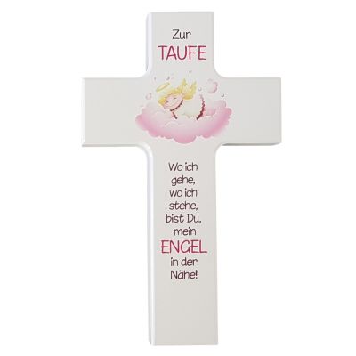 White christening cross with pink angel 20 cm