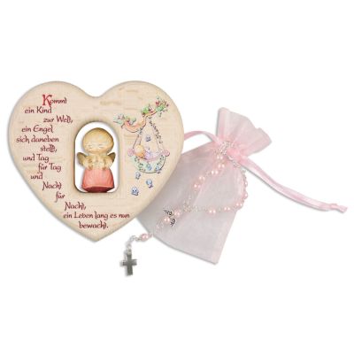 Christening set: Wooden heart with wooden angel and rosary, pink