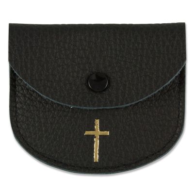 Leather rosary case with gold-colored cross, black