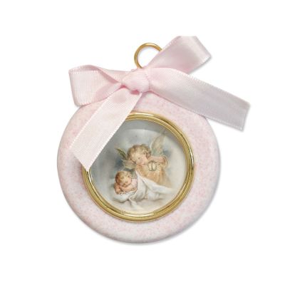 Angel picture "Protection in sleep", round pink with ribbon