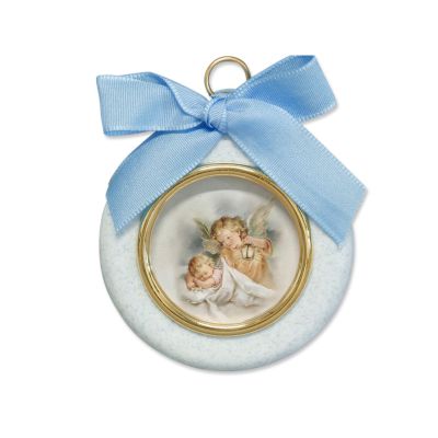 Angel picture "Protection in sleep", round light blue with ribbon