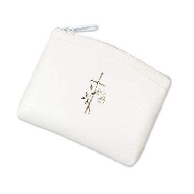 Rosenkranzetui Kreuz mit Rose, weiß