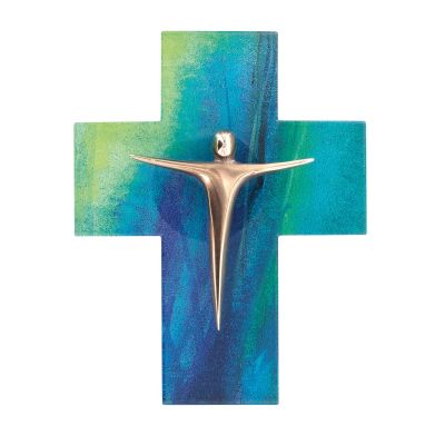 Glass cross with bronze body, blue