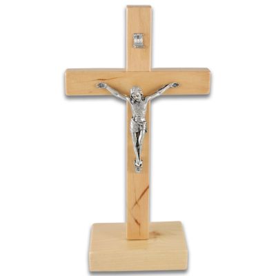 Standing cross made of natural lacquered alder wood with metal body