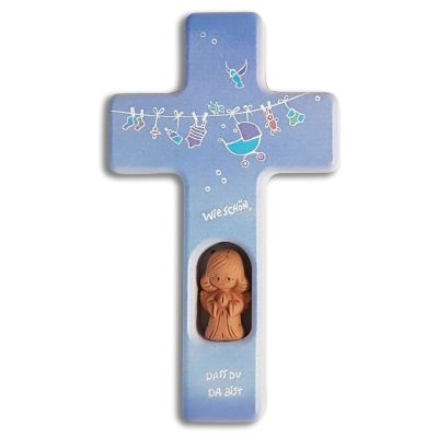 Holzkreuz mit Tonengel "schön, dass du da bist", blau