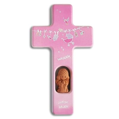 Holzkreuz mit Tonengel "schön, dass du da bist", rosa