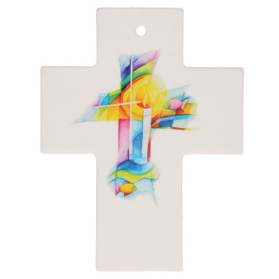 Porcelain cross of God's blessing, candle motif, colorful