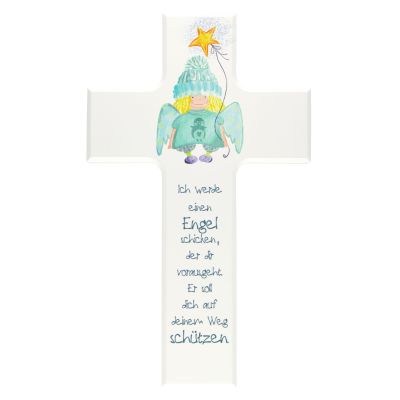 Children's cross with guardian angel and star balloon, 20 cm white lacquered