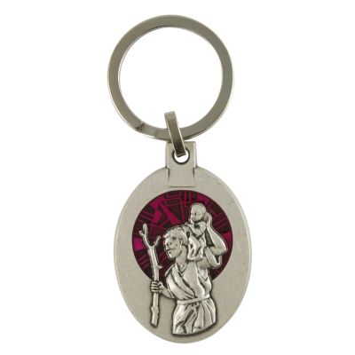 Schlüsselanhänger Christophorus "Gott schütze Dich", oval mit roter Einlage