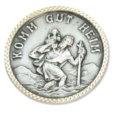 Autoplakette Christophorus mit goldfarbenem Rand "Komm gut heim"