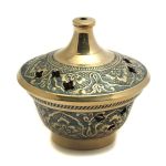 Painted brass incense bowl, green-blue