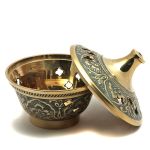 Painted brass incense bowl, green-blue