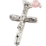 Rose quartz rosary with Lourdes medal, silver-plated