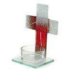 Teelichthalter Kreuz aus Glas braun/weiß